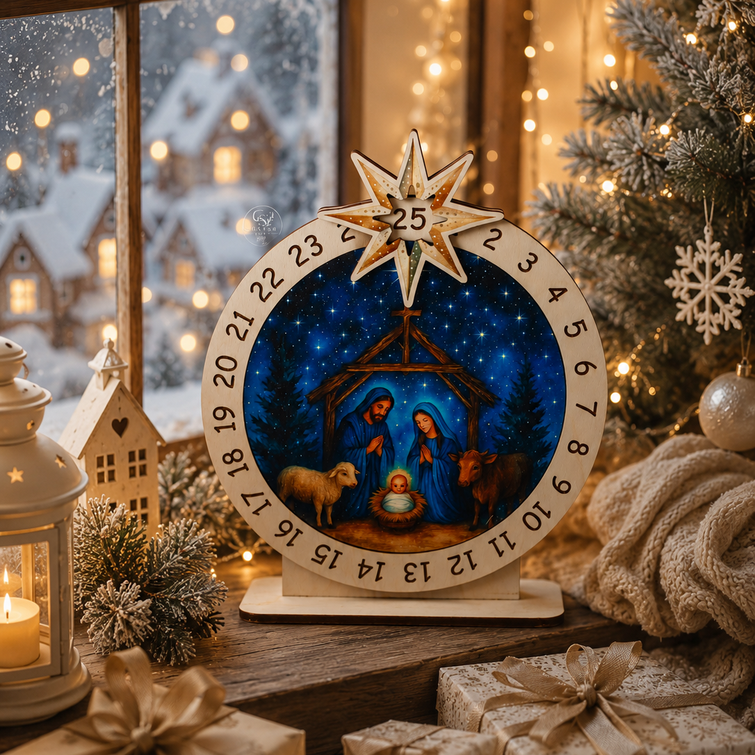 Wooden nativity advent calendar for Christmas with Holy Family artwork, countdown numbers, star ornament, and cozy holiday setting.
