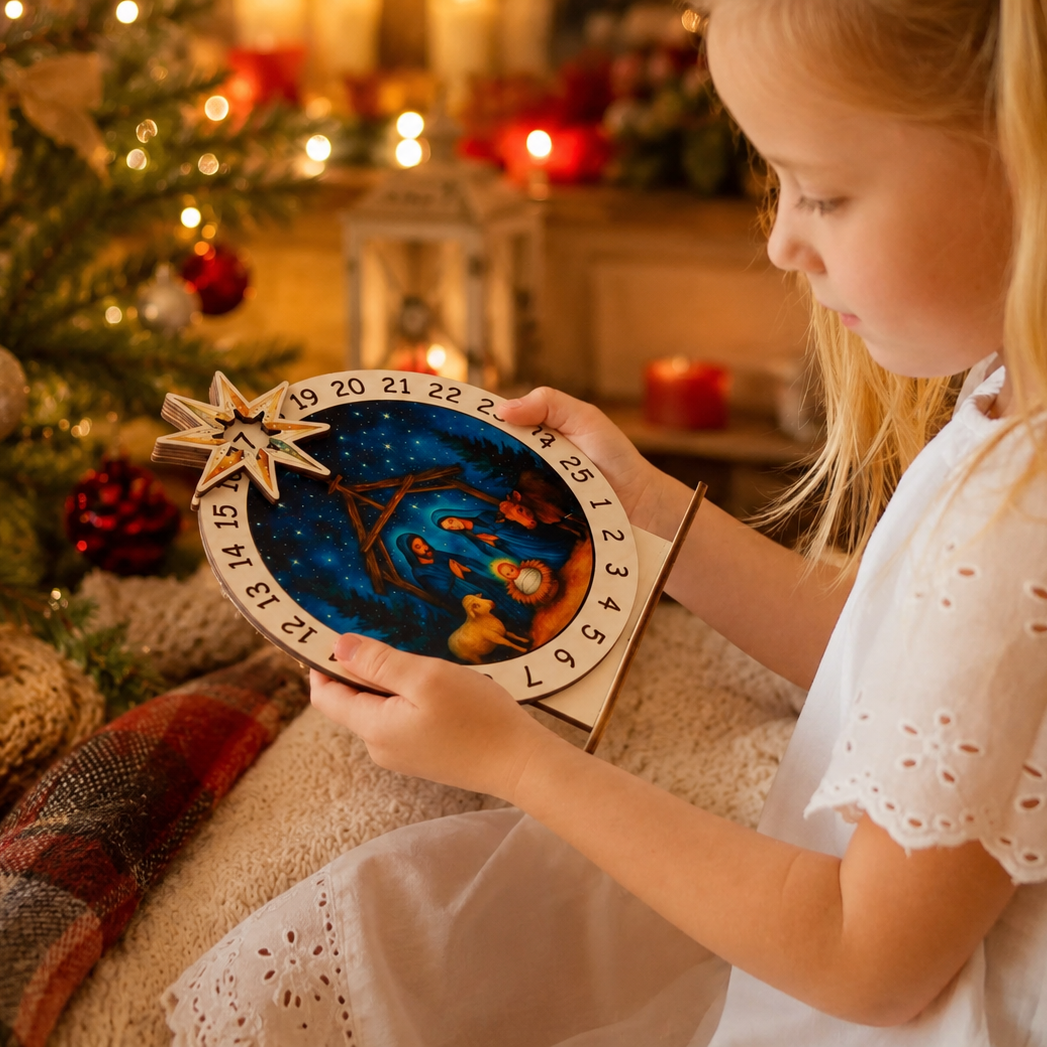 Round wooden Christmas nativity advent calendar with numbers 1 to 25, blue nativity scene, Mary, Joseph, baby Jesus, star, animals, and warm Christmas lights.