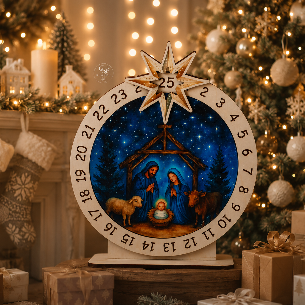 Wooden Christian advent calendar with nativity scene, star, baby Jesus, Mary, Joseph, and numbered Christmas countdown.